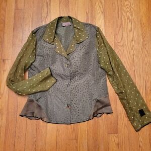 Deborah Cross Olive Green Polka Dot Sheer Sleeve Blouse Artsy Wearable Art